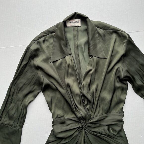 ZADIG & VOLTAIRE Rozo Satin Dress Draped Waist Deep Neckline 3/4 Sleeves Size XS - Picture 3 of 16